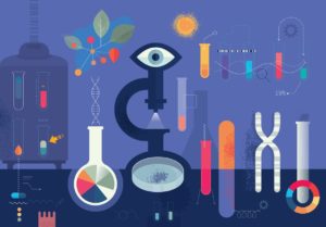 Vector flat style illustration depicting biomedical research concept including handmade textures.